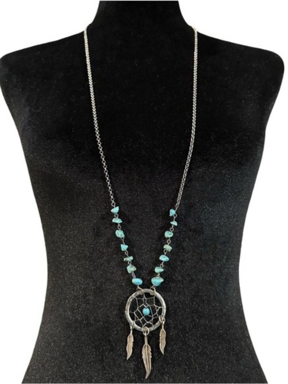 Dream Catcher Necklace Long Length Silver Tone Blue Beads